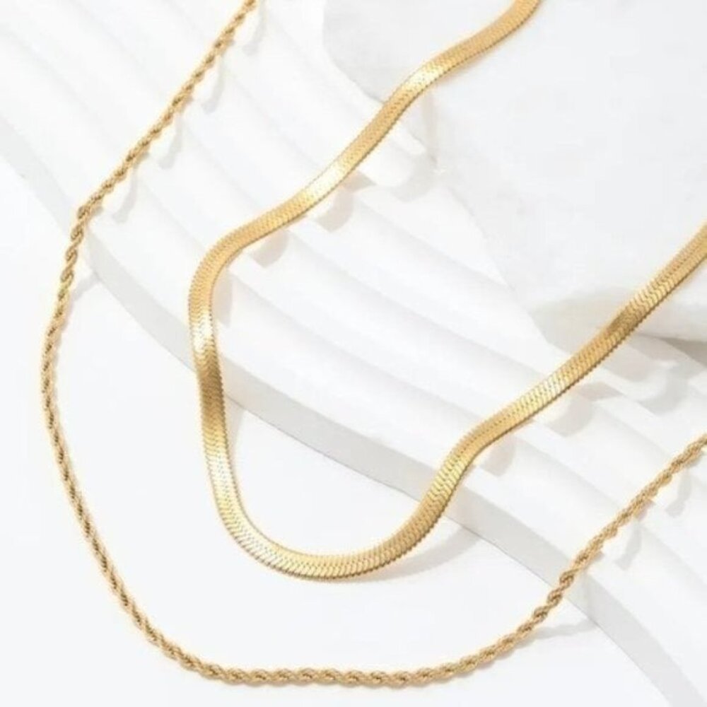 Necklace Layered Gold Herringbone & Gold Rope Chain Necklace WATERPROOF Necklace - Picture 13 of 13